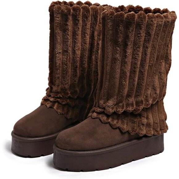✨Women's Brown Platform Fur Boots Fuzzy Fleece Lined Ankle Anti-Slip Booties - Picture 2 of 6